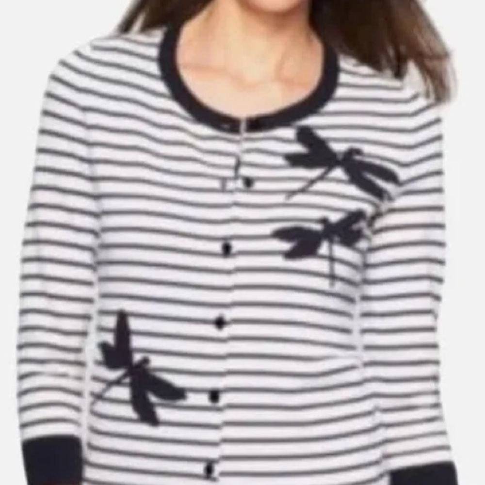 EUC TALBOTS Striped Cardigan w/DragonFly Details and Button Front